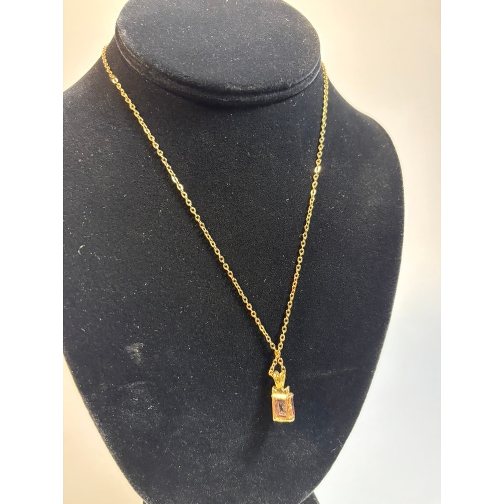 Gold‎ Tone Pendant Necklace Emerald Cut Pink Stone Crystals